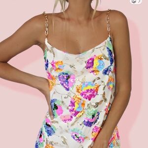 KITTY SLIP MINI DRESS - TROPICAL BARBIE & PEARL SILK